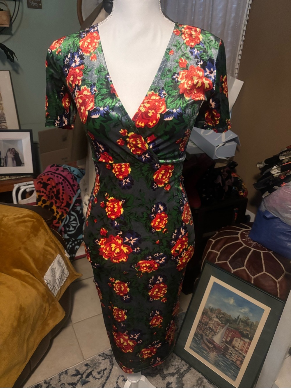 Zara Trafaluc Green Velvet Floral Midi Dress Size S